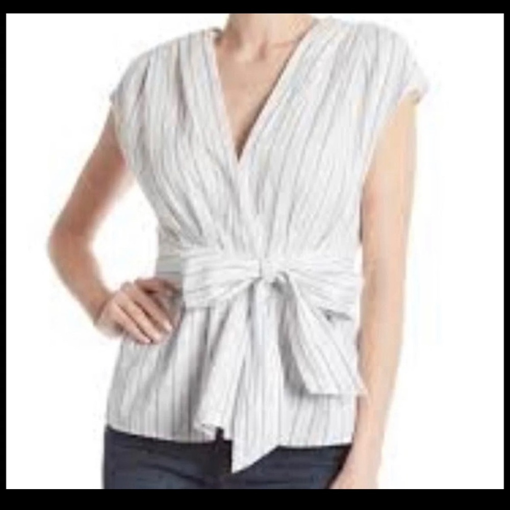 Max Studio 
Pinstripe V-Neck Waist Tie Blouse Size M